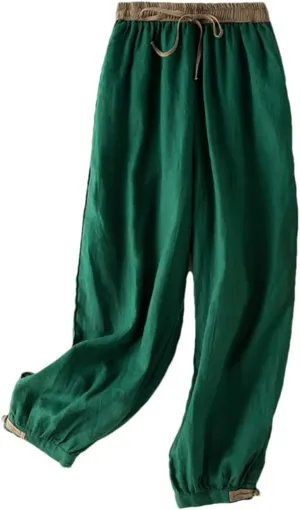 Hdhdeueh Women's Cotton and Linen Wide Leg Pants Solid Color Stretch High Waist Belted Harem Pants