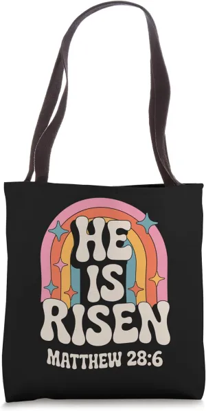 He Is Risen Matthew 28:6 Retro Rainbow 70s 80s Bible Verse Tote Bag