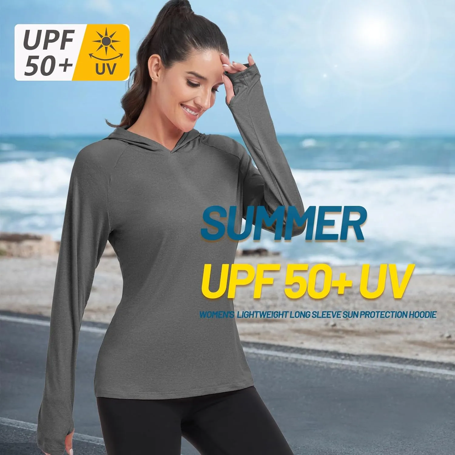 HISKYWIN Womens Long Sleeve Hoodie Shirts UPF 50  Sun Protection Lightweight Running Pullover Athletic Tops with Thumb Hole