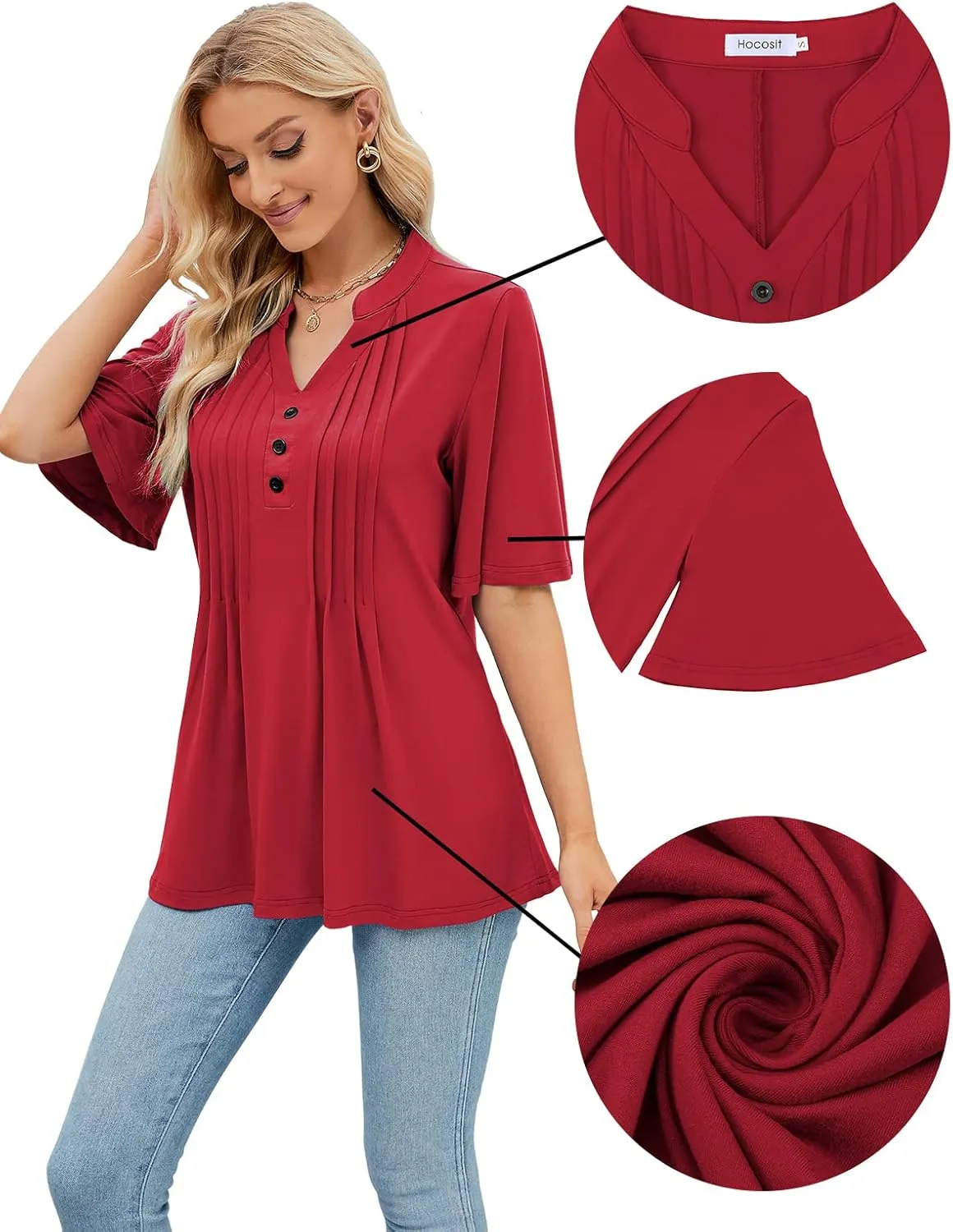 HOCOSIT Women's Floral Print Short Ruffle Sleeve Pleated Front V Neck Button Tunic Tops
