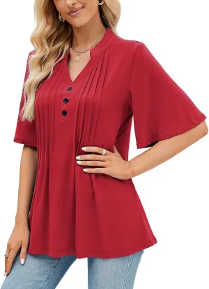 HOCOSIT Women's Floral Print Short Ruffle Sleeve Pleated Front V Neck Button Tunic Tops