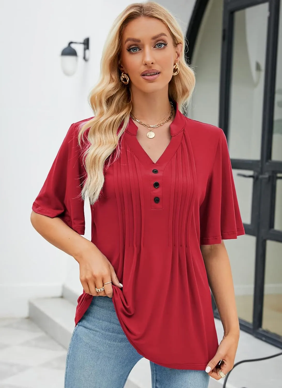 HOCOSIT Women's Floral Print Short Ruffle Sleeve Pleated Front V Neck Button Tunic Tops