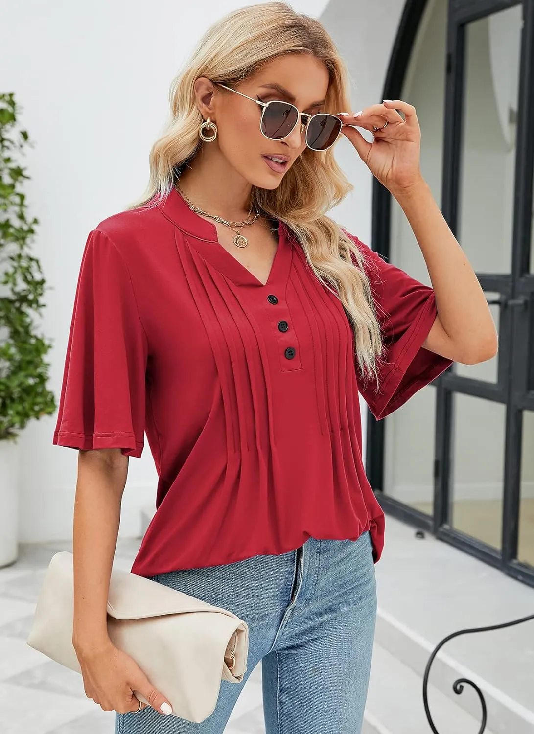 HOCOSIT Women's Floral Print Short Ruffle Sleeve Pleated Front V Neck Button Tunic Tops