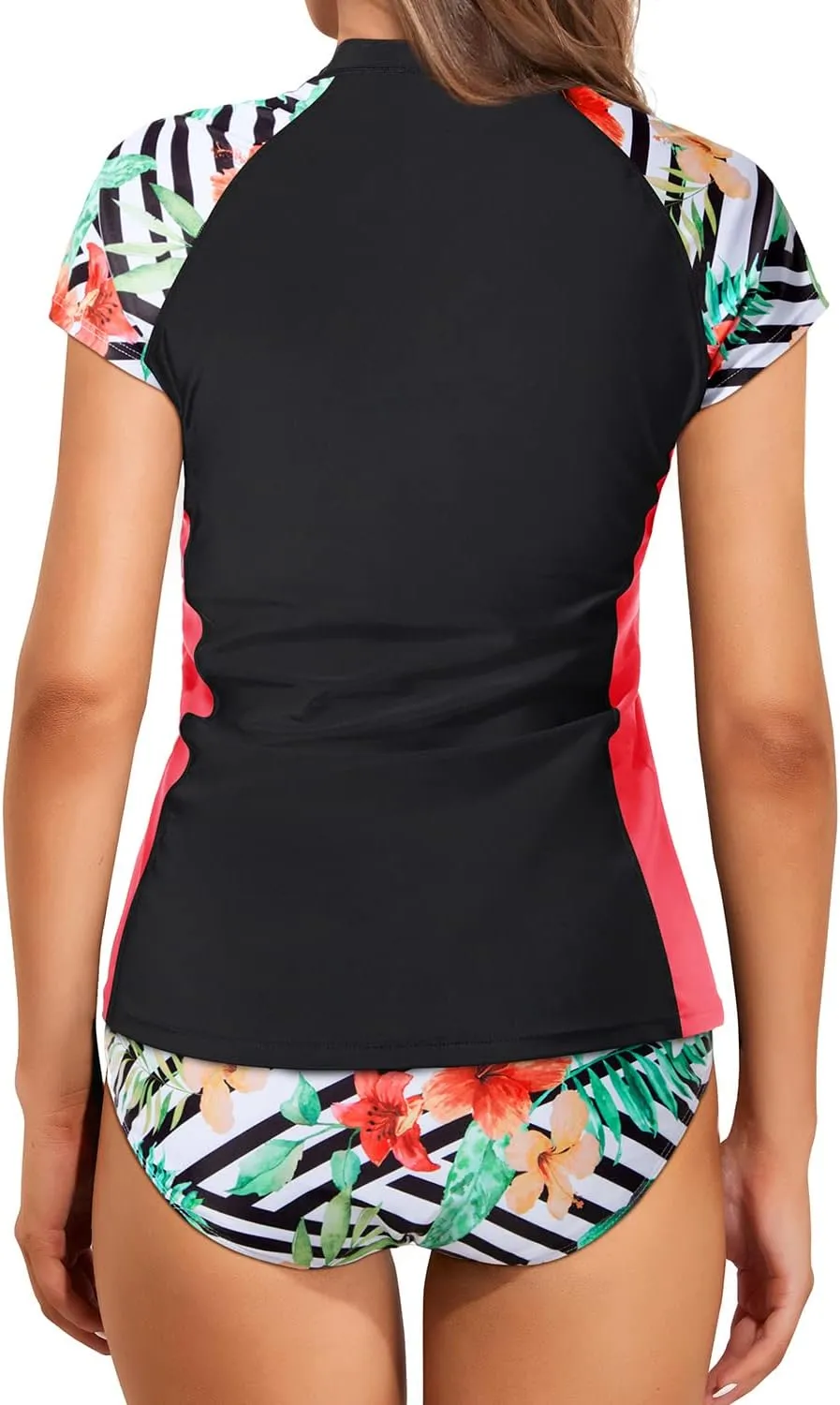 Holipick 2 Piece Short Sleeve Rash Guard Women Zip Up Swimsuits SPF Swim Shirts with Built in Bra