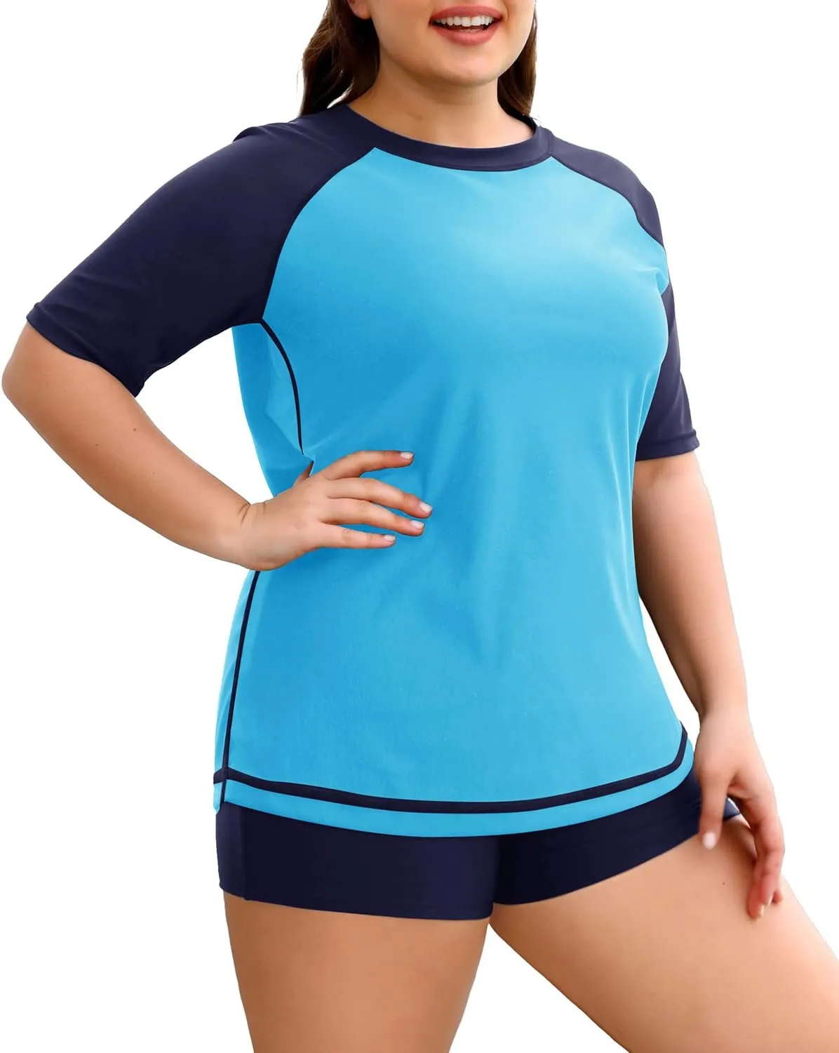 Holipick Two Piece Women Plus Size Rash Guard Short Sleeve Swim Shirts and Shorts UPF 50  Rashguard Swimsuit