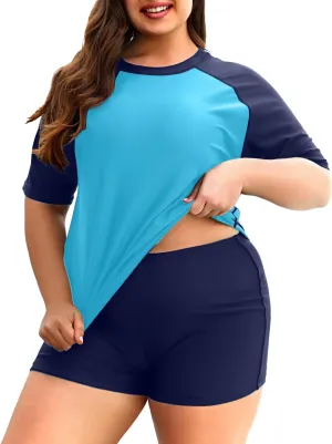Holipick Two Piece Women Plus Size Rash Guard Short Sleeve Swim Shirts and Shorts UPF 50  Rashguard Swimsuit