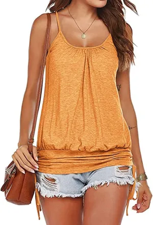 Hongqizo Women Summer Tank Tops Casual Spaghetti Strap Banded Bottom Loose Camisole Side Shirring Lace Up Shirts