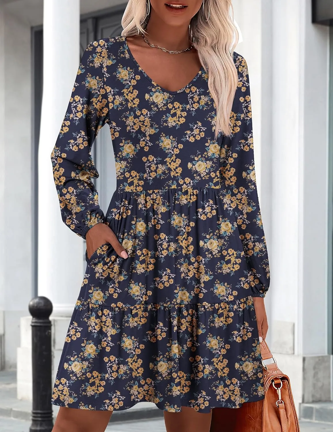 HOTOUCH Women Casual Tunic Dress V Neck Tiered Dress Long Sleeve Fit Swing Shift Dress with Pockets Loose Ruffled Dresses