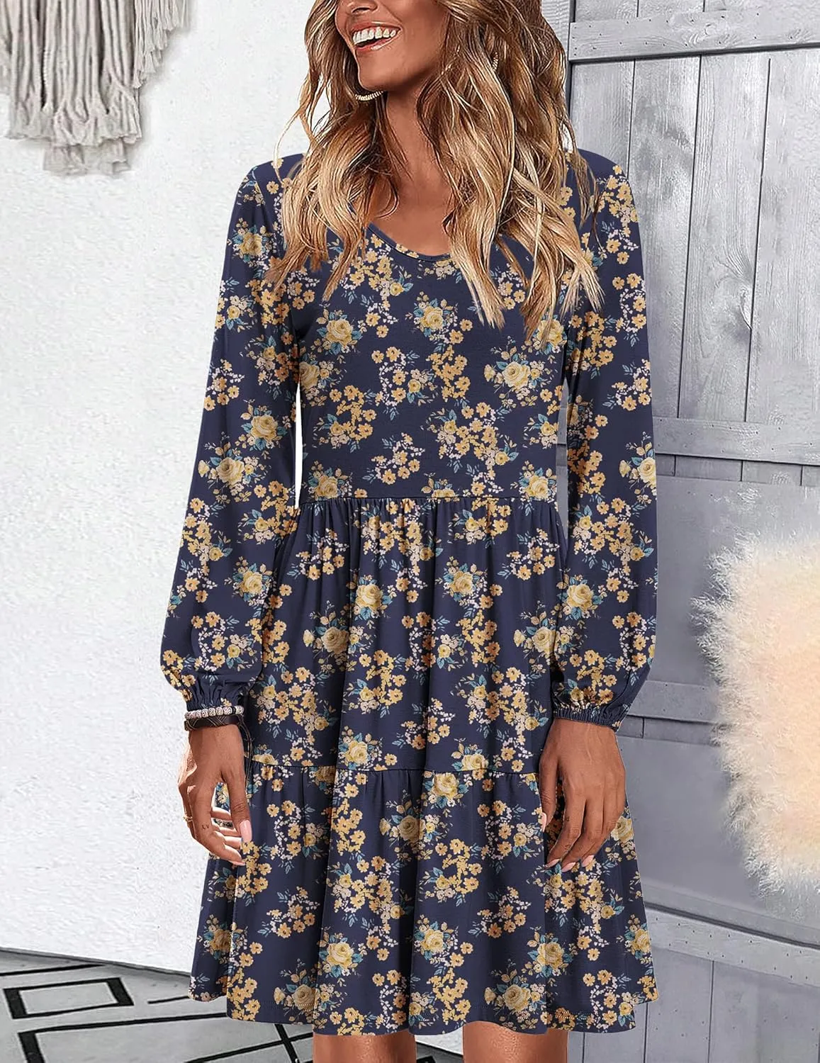 HOTOUCH Women Casual Tunic Dress V Neck Tiered Dress Long Sleeve Fit Swing Shift Dress with Pockets Loose Ruffled Dresses