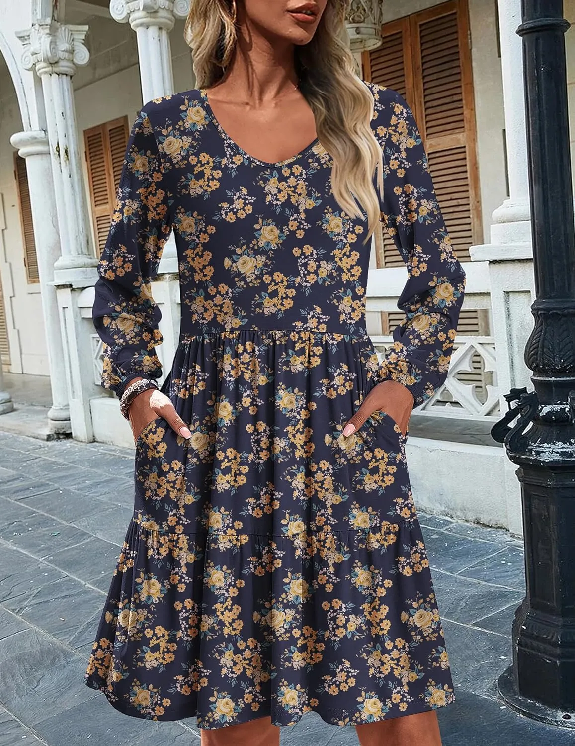 HOTOUCH Women Casual Tunic Dress V Neck Tiered Dress Long Sleeve Fit Swing Shift Dress with Pockets Loose Ruffled Dresses