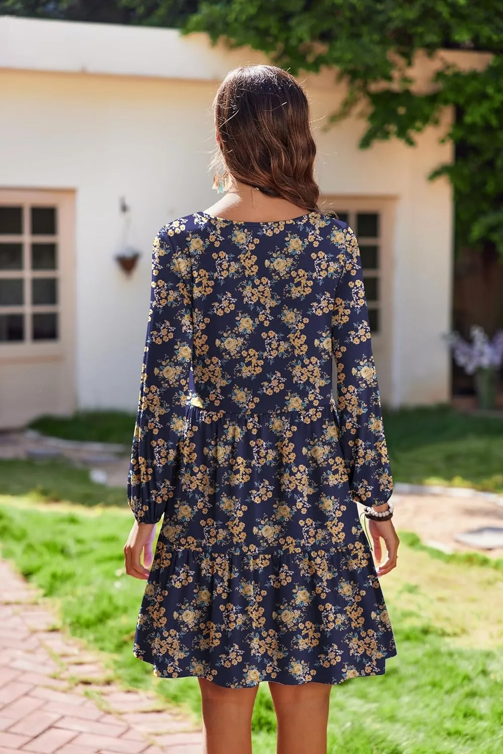 HOTOUCH Women Casual Tunic Dress V Neck Tiered Dress Long Sleeve Fit Swing Shift Dress with Pockets Loose Ruffled Dresses
