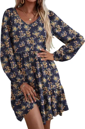 HOTOUCH Women Casual Tunic Dress V Neck Tiered Dress Long Sleeve Fit Swing Shift Dress with Pockets Loose Ruffled Dresses