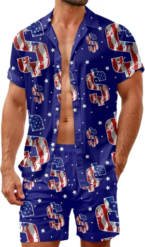 HUGLAZY Mens 2 Piece Outfit Summer Shirts Short Sleeve Hawaiian Shirt And Shorts Beach Outfits Party Disco