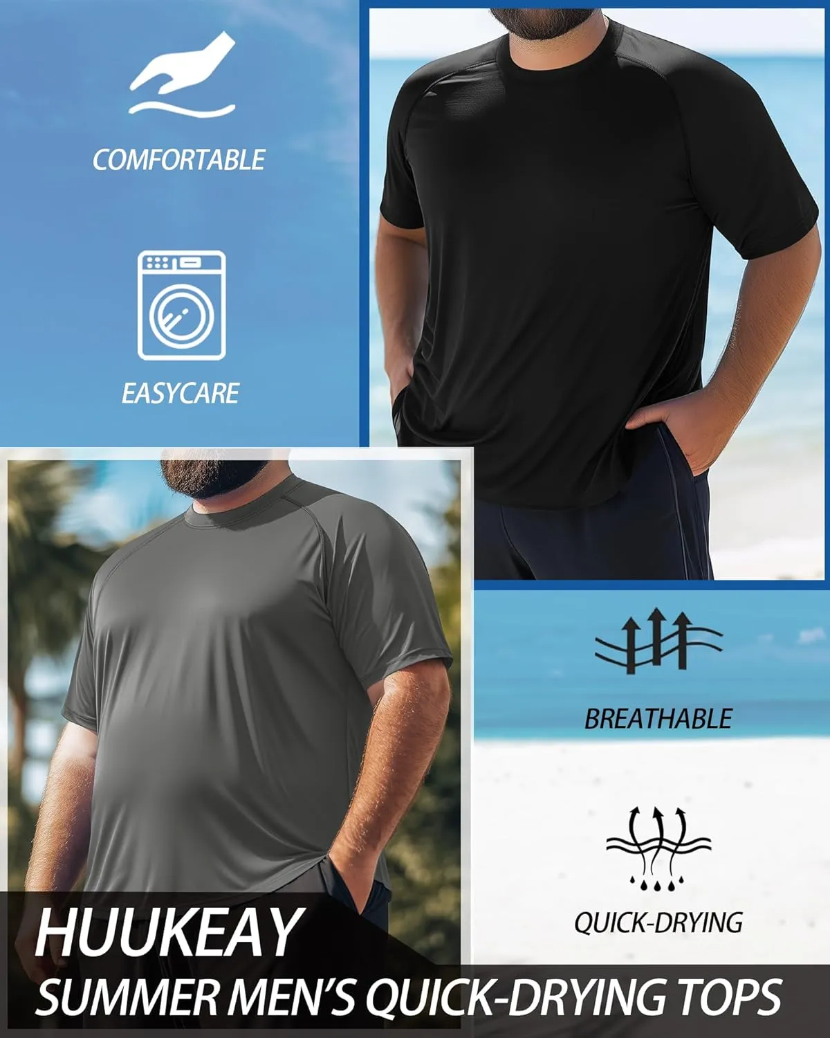 Huukeay 3 Pack Men's Big and Tall Swim Shirts,UPF 50  Sun Protection Rash Guard Quick Dry Beach Fishing Water Tops
