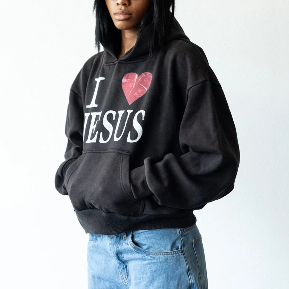 I Love Jesus Graphic Acid Washed Pullover Hoodie