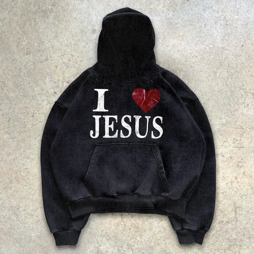 I Love Jesus Graphic Acid Washed Pullover Hoodie