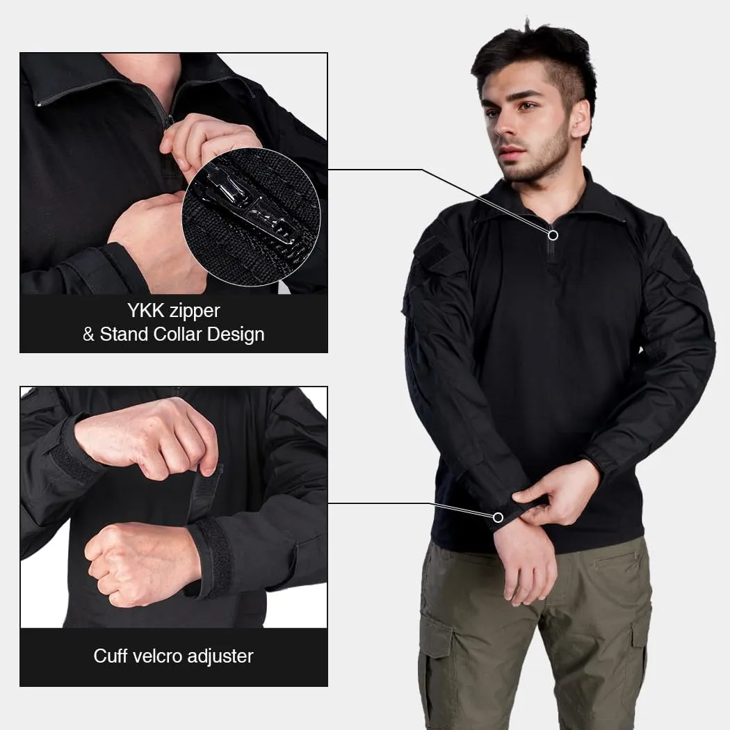 IDOGEAR SPORTS G3 Combat Shirts Mens Tactical Shirt with Elbow Pads 1/4 Zipper Collar Long Sleeves Top Military Clothing