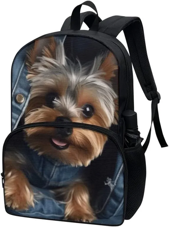 Jeans Yorkshire Terrier SchoolBag Boys Girls Middle High School 17" Laptop Double Zipper Denim Puppy Dog Daypack Casual Durable Knapsack Bookbags Compartment