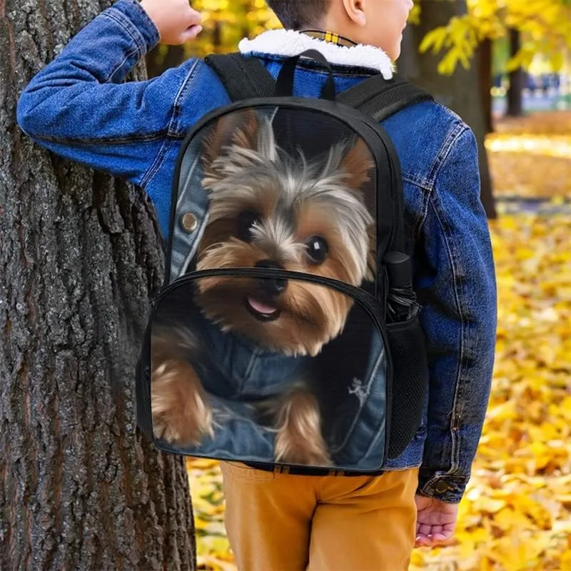 Jeans Yorkshire Terrier SchoolBag Boys Girls Middle High School 17" Laptop Double Zipper Denim Puppy Dog Daypack Casual Durable Knapsack Bookbags Compartment