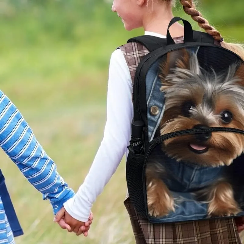 Jeans Yorkshire Terrier SchoolBag Boys Girls Middle High School 17" Laptop Double Zipper Denim Puppy Dog Daypack Casual Durable Knapsack Bookbags Compartment