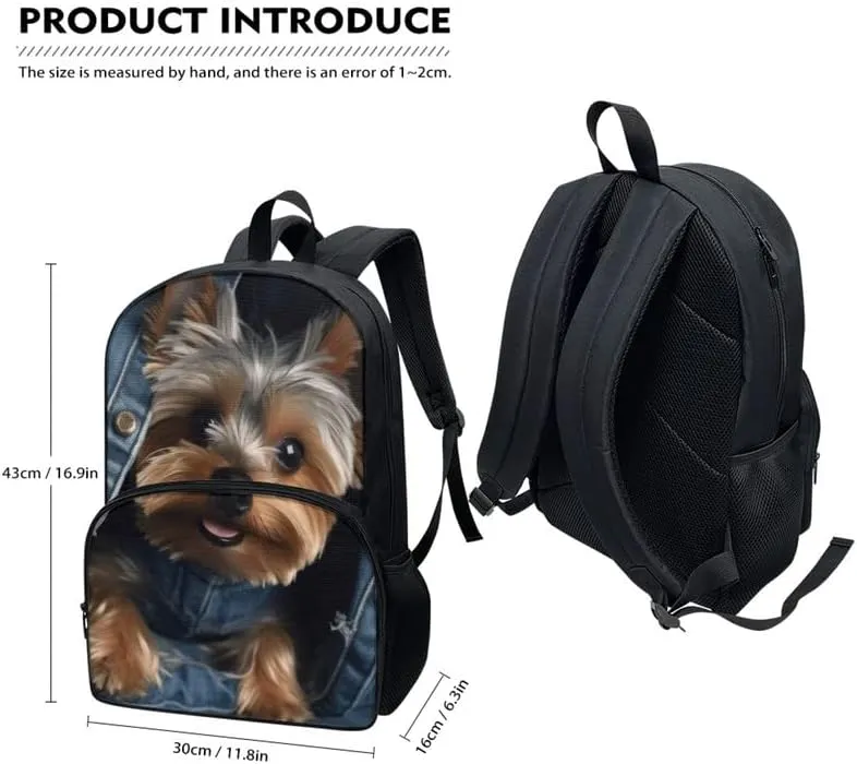 Jeans Yorkshire Terrier SchoolBag Boys Girls Middle High School 17" Laptop Double Zipper Denim Puppy Dog Daypack Casual Durable Knapsack Bookbags Compartment