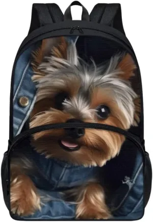 Jeans Yorkshire Terrier SchoolBag Boys Girls Middle High School 17" Laptop Double Zipper Denim Puppy Dog Daypack Casual Durable Knapsack Bookbags Compartment