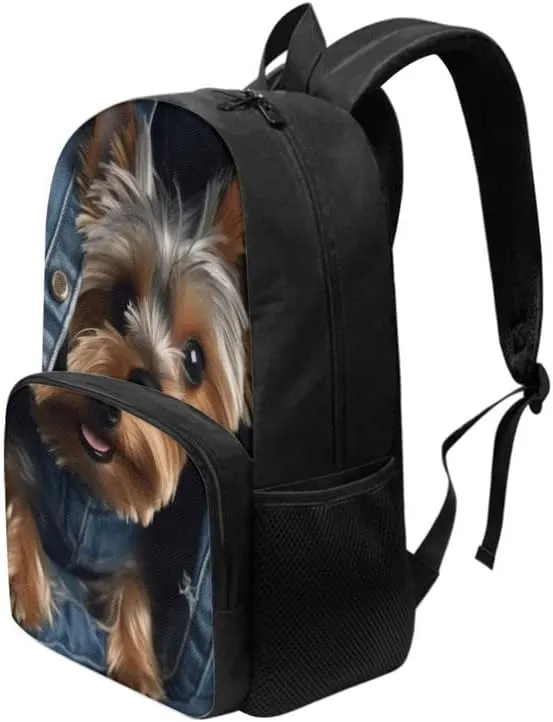 Jeans Yorkshire Terrier SchoolBag Boys Girls Middle High School 17" Laptop Double Zipper Denim Puppy Dog Daypack Casual Durable Knapsack Bookbags Compartment