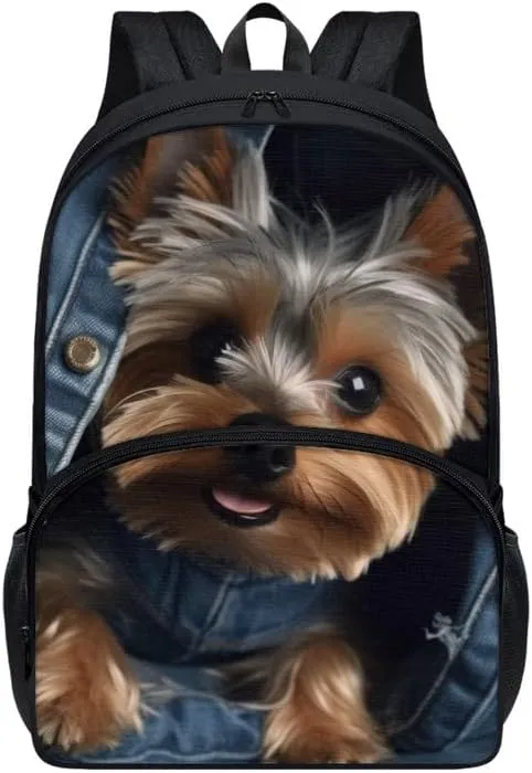 Jeans Yorkshire Terrier SchoolBag Boys Girls Middle High School 17" Laptop Double Zipper Denim Puppy Dog Daypack Casual Durable Knapsack Bookbags Compartment