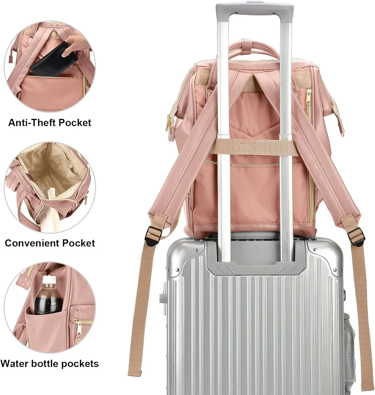 Kah&Kee Leather Backpack Diaper Bag Laptop Travel Doctor Teacher Bag For Women Man (Tan Pink II)