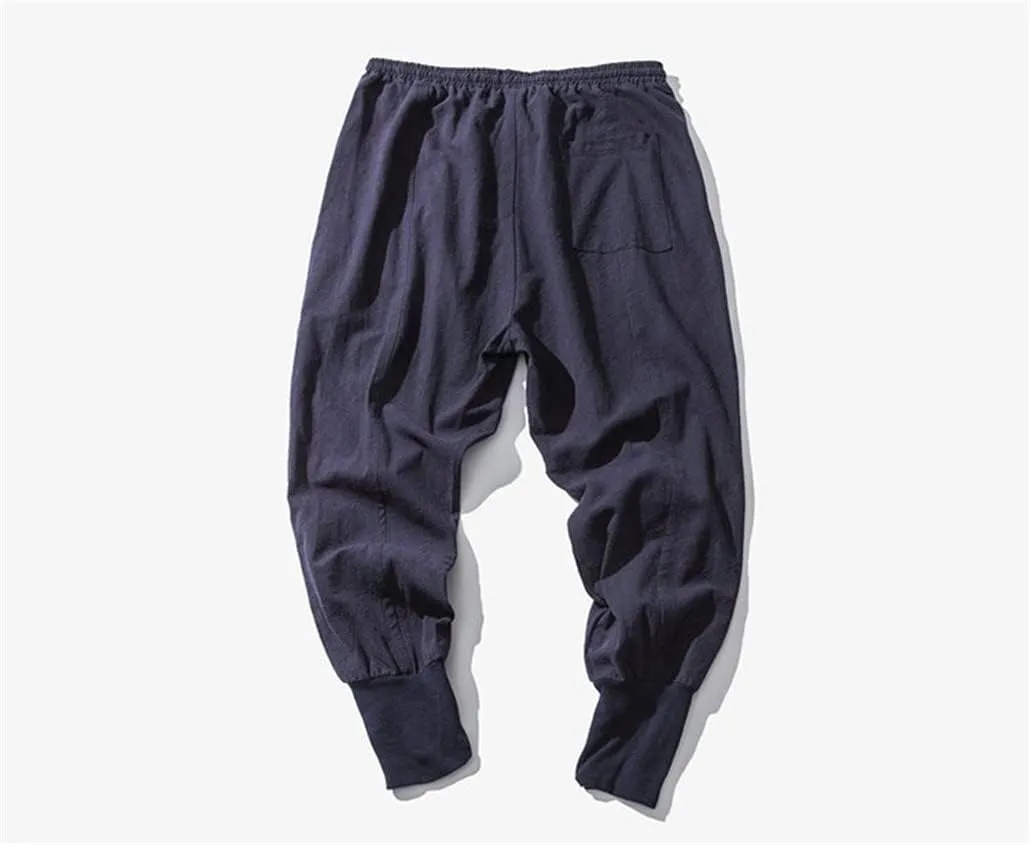 keusyoi Mens Cotton Linen Harem Pants Men Solid Elastic Waist Streetwear Joggers Baggy Drop-Crotch Pants Casual Trousers