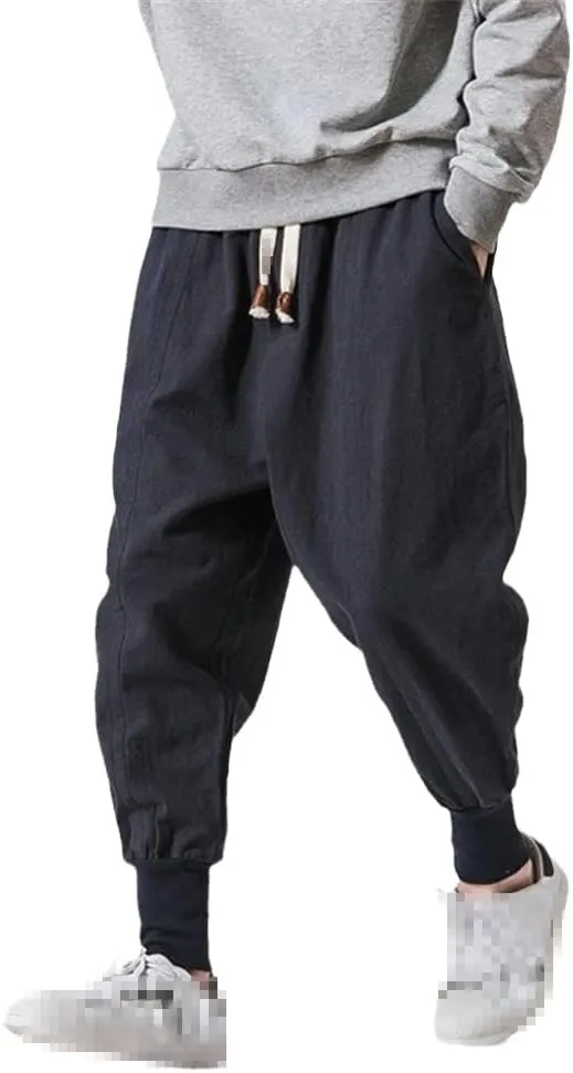 keusyoi Mens Cotton Linen Harem Pants Men Solid Elastic Waist Streetwear Joggers Baggy Drop-Crotch Pants Casual Trousers