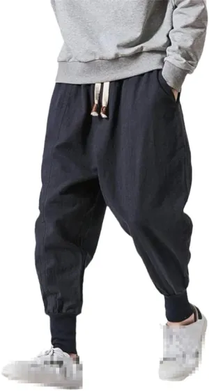keusyoi Mens Cotton Linen Harem Pants Men Solid Elastic Waist Streetwear Joggers Baggy Drop-Crotch Pants Casual Trousers