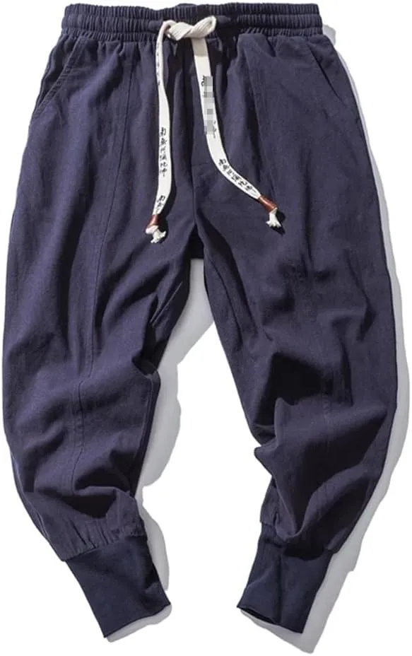 keusyoi Mens Cotton Linen Harem Pants Men Solid Elastic Waist Streetwear Joggers Baggy Drop-Crotch Pants Casual Trousers