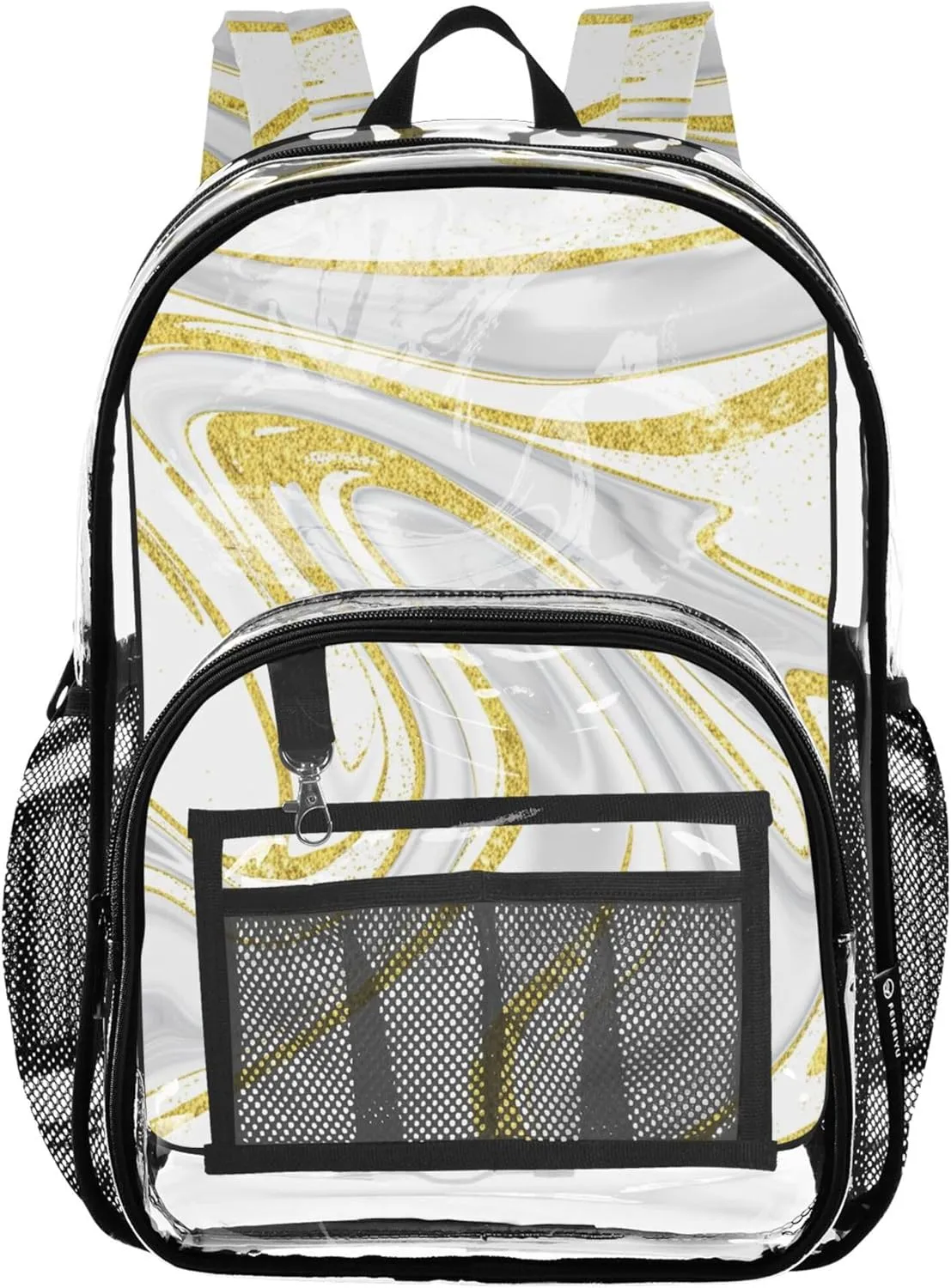 Kids Backpack Boys Girls Gold White Marble Design Clear Backpack Women Cute Large Plastic Approved Bag