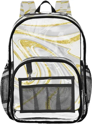 Kids Backpack Boys Girls Gold White Marble Design Clear Backpack Women Cute Large Plastic Approved Bag
