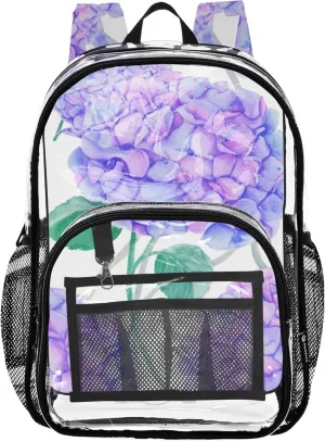 Kids Backpack Boys Girls Watercolor Hydrangea Flowers Purple Blue Women Clear Backpack Cute Approved See through Bag