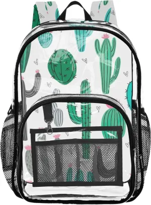 Kids Backpack for Girls Cute Green Cacti White Clear Backpack Women Cute Approved See through Bag