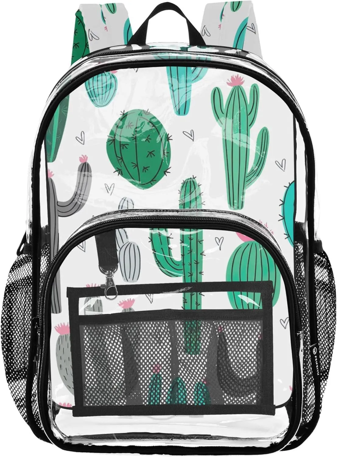 Kids Backpack for Girls Cute Green Cacti White Clear Backpack Women Cute Approved See through Bag