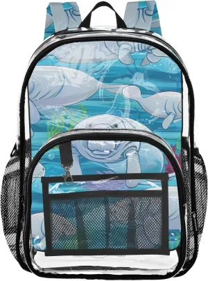 Kids Backpack for Girls Playful Manatees Blue Clear Backpack for Women Plastic Transparent Bookbag