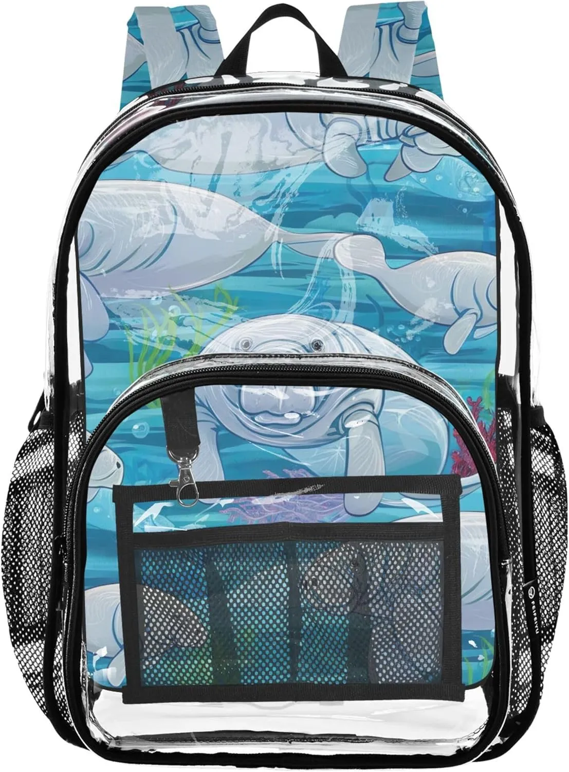 Kids Backpack for Girls Playful Manatees Blue Clear Backpack for Women Plastic Transparent Bookbag