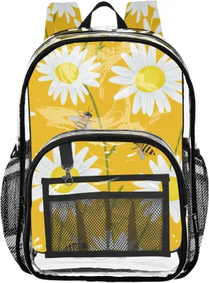 Kids Backpack for Girls White Daisies Bees Yellow Travel Clear Backpack Floral Plastic See through Bookbag