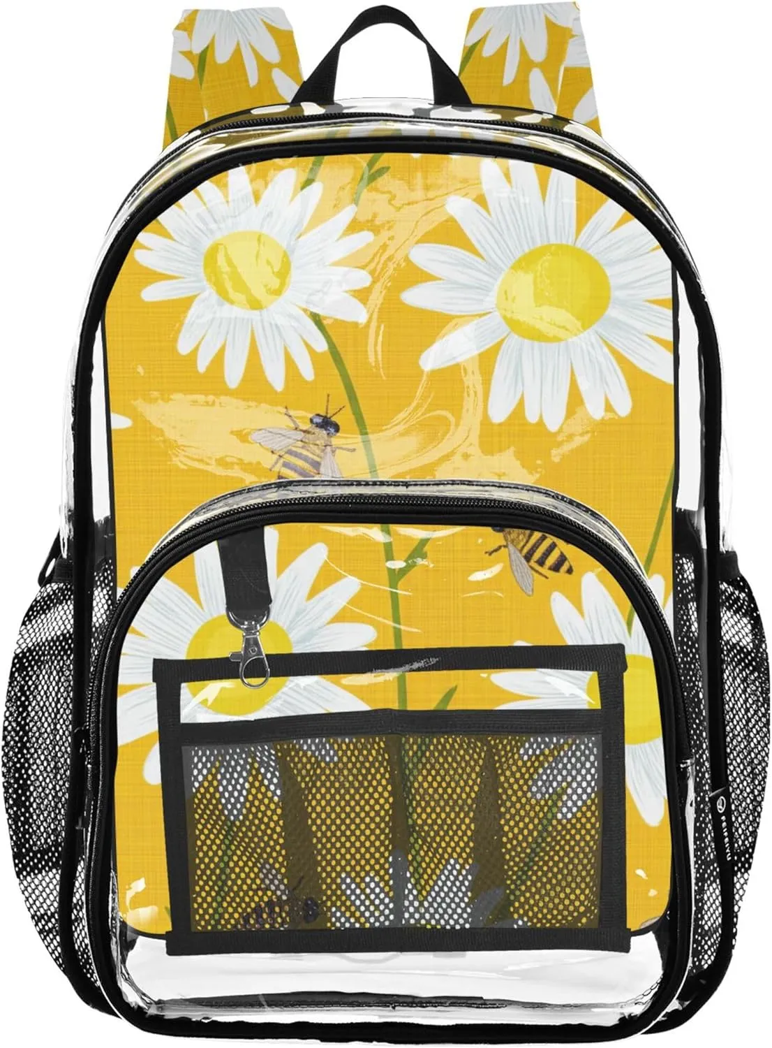 Kids Backpack for Girls White Daisies Bees Yellow Travel Clear Backpack Floral Plastic See through Bookbag