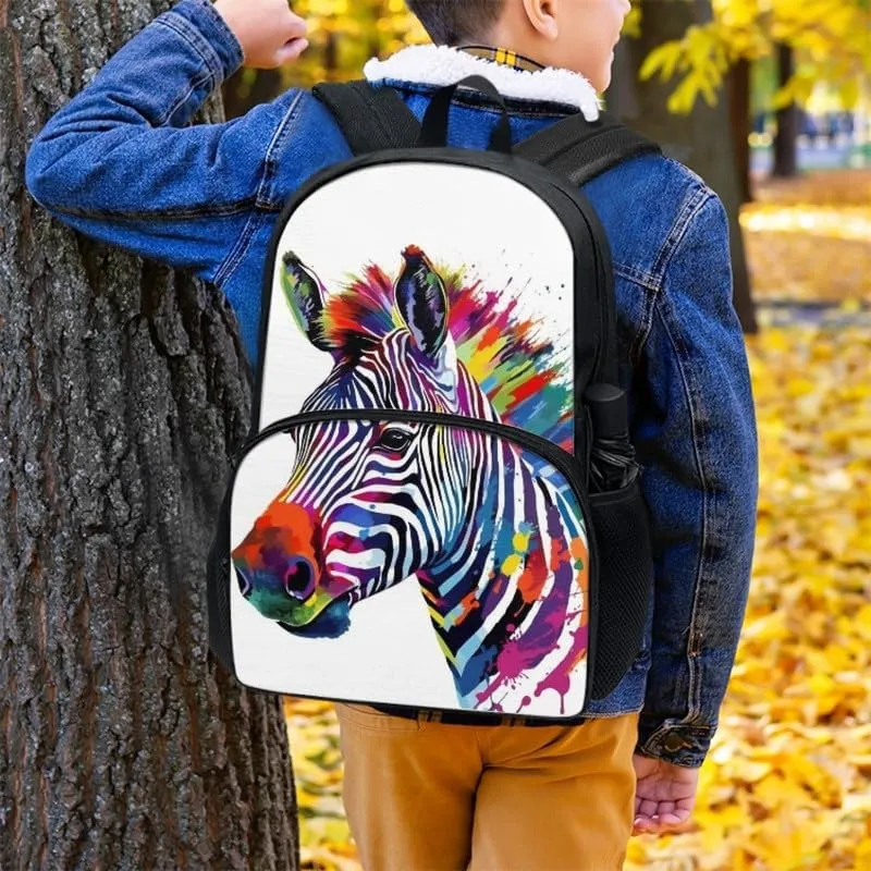 Kids Rainbow Cartoon Zebra Backpack Boys Girls Colorful Horse Rucksack School Cute Splash Ink Animal Backpack Over 6 Years Old Umbrella Holder Sports Toddler