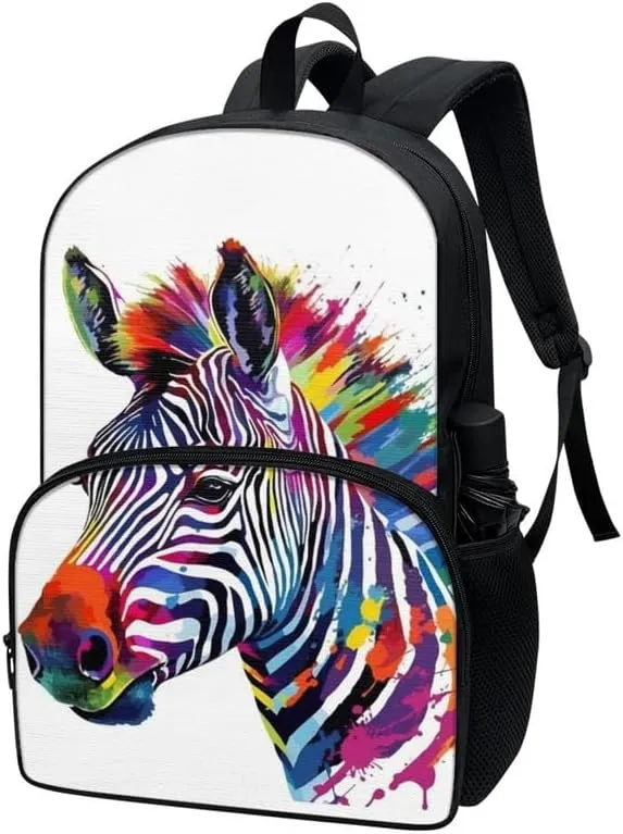 Kids Rainbow Cartoon Zebra Backpack Boys Girls Colorful Horse Rucksack School Cute Splash Ink Animal Backpack Over 6 Years Old Umbrella Holder Sports Toddler