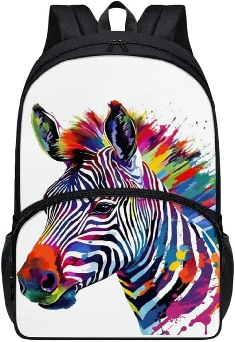 Kids Rainbow Cartoon Zebra Backpack Boys Girls Colorful Horse Rucksack School Cute Splash Ink Animal Backpack Over 6 Years Old Umbrella Holder Sports Toddler