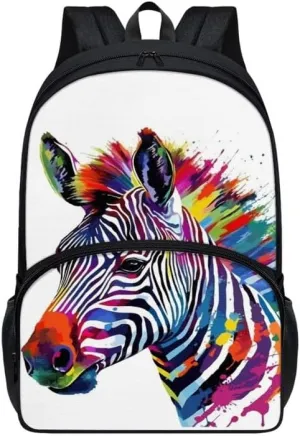 Kids Rainbow Cartoon Zebra Backpack Boys Girls Colorful Horse Rucksack School Cute Splash Ink Animal Backpack Over 6 Years Old Umbrella Holder Sports Toddler
