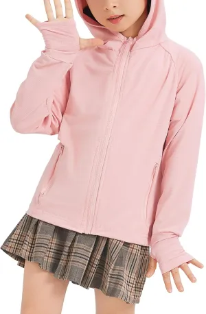 Kids Zip-Up Hoodie Girls Boys UPF50  Sun Protection Shirts Hiking Running Athletic Shirt with Thumb Holes