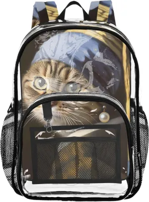 Kitten Cat with Pearl Earring Clear Backpack Women Cute Kids Backpack Boys Girls Pvc School Plastic Bookbag