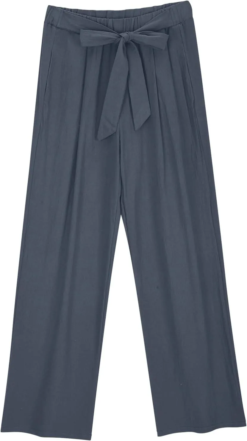 Lastesso Womens Linen Pants Elastic Waistband Wide Leg Slacks Plus Size Cute Summer Lounge Trousers Casual Summer Pant
