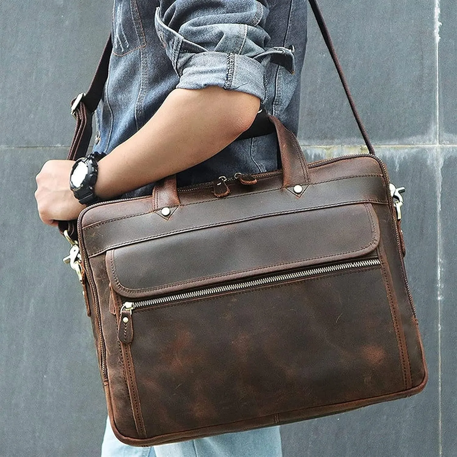 Leather Briefcase Fit Under 15.6 inch Laptop Tote Shoulder Bag for Men Messenger Satchel (Color : Brown, Size : 39 * 12.5 * 30cm)